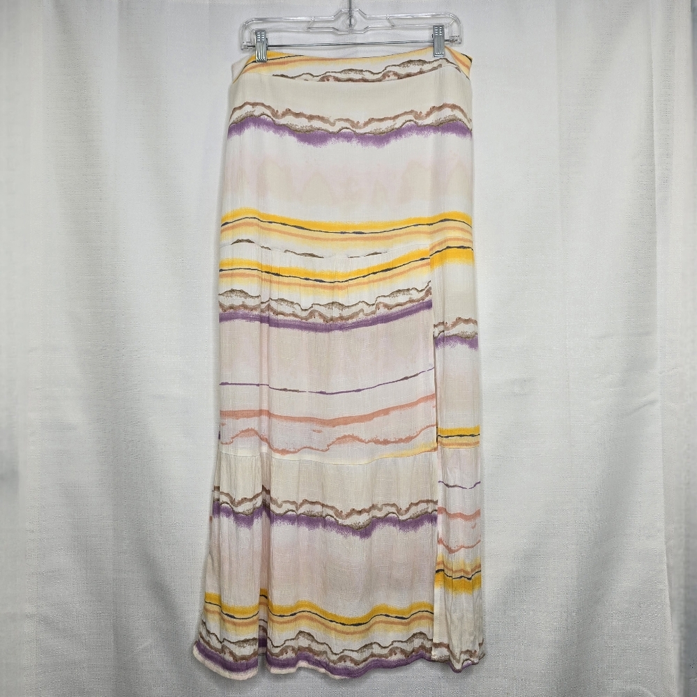 Tie Dyed Tiered Maxi Skirt Size Large White Yellow Purple Side Slit